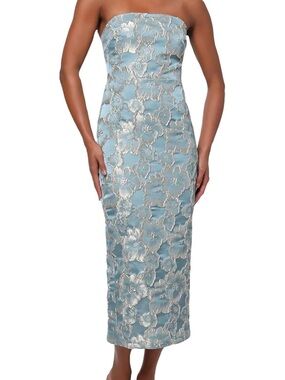 Lulu’s Strapless Floral Brocade Midi Dress in Light Blue and Gold/Silver